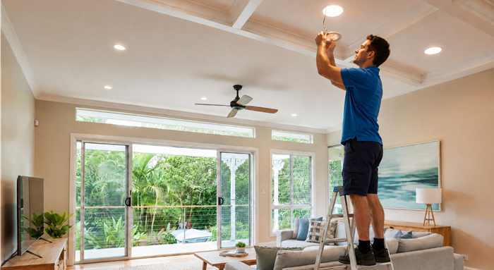 Residential electrician installing LED downlight in modern living room - Fully Spark'd Electrical Logan