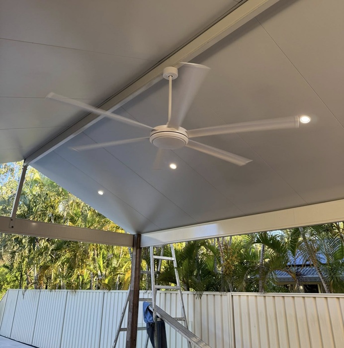 Ceiling fan installation Logan - outdoor patio ceiling fan with LED downlights by Fully Spark'd Electrical